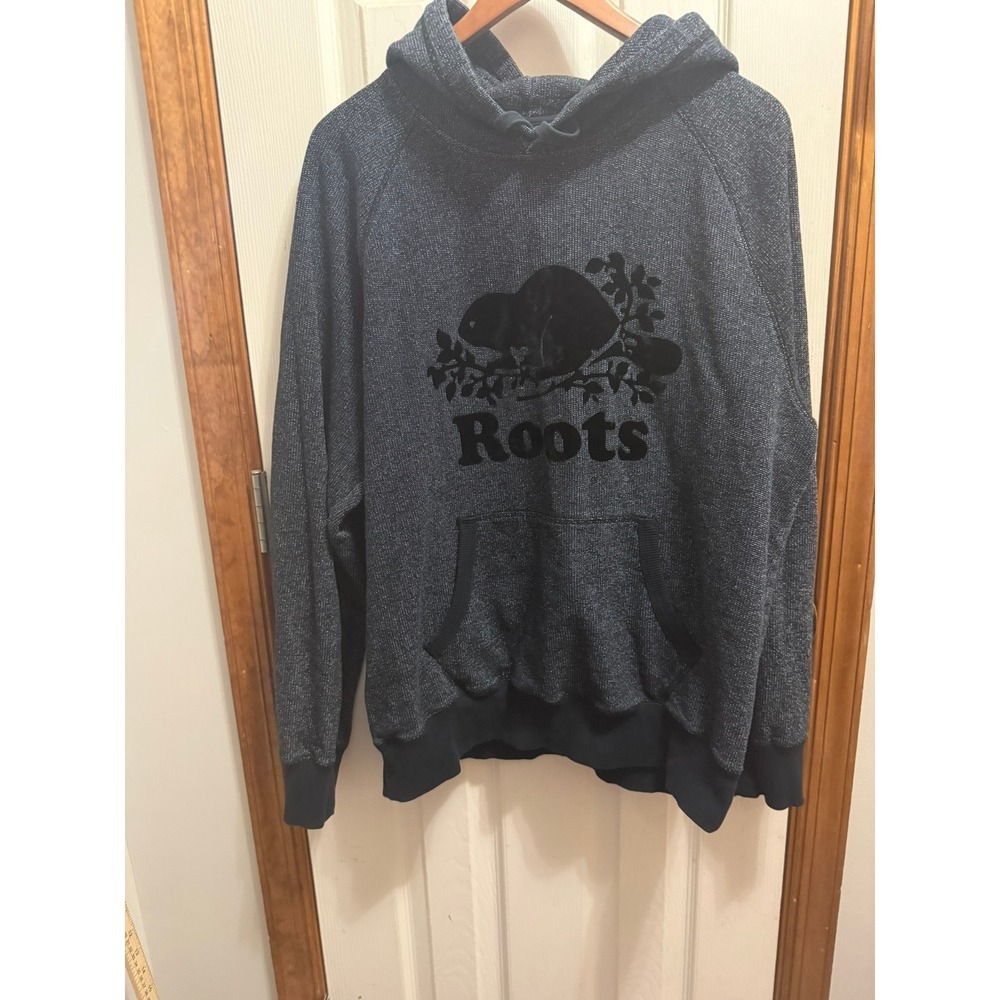 Roots Canada Mens XL Black Speckled Beaver Logo Pullover Hoodie Sweatshirt